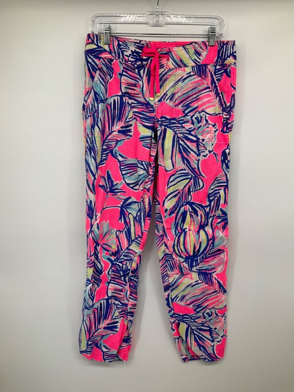 Lilly Pulitzer Galley Pants size 4 Tiki Pink Cabana Crazed 100%‎ Linen Wide Leg - Picture 2 of 9